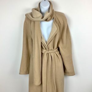 Long Camel Belted Classic Sweater Wrap Jacket With Matching Scarf